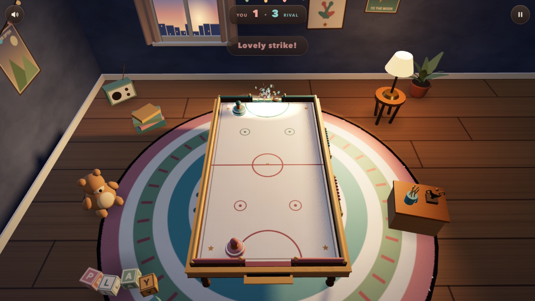 A goal celebration with confetti in the room's palette