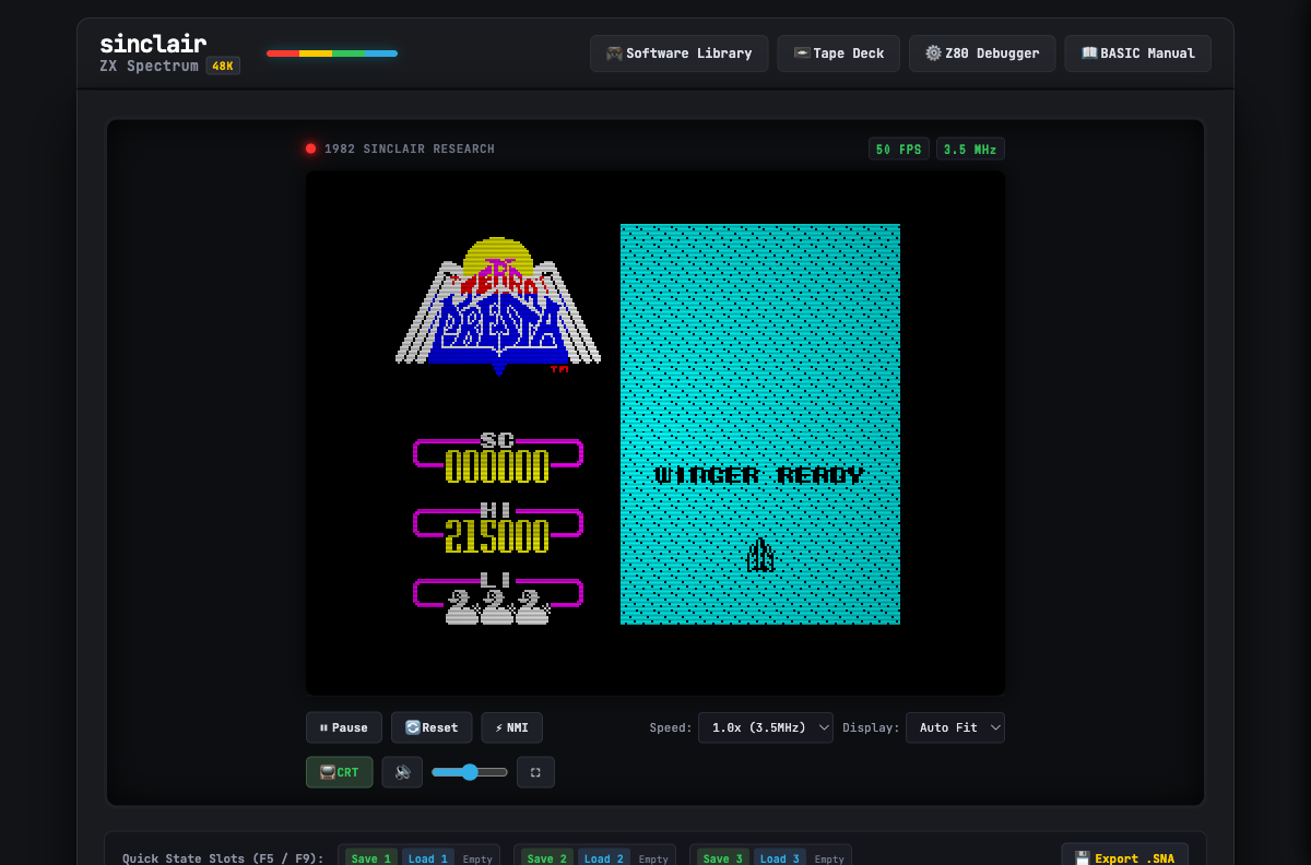 Uridium ready screen in the browser-based ZX Spectrum 48K emulator