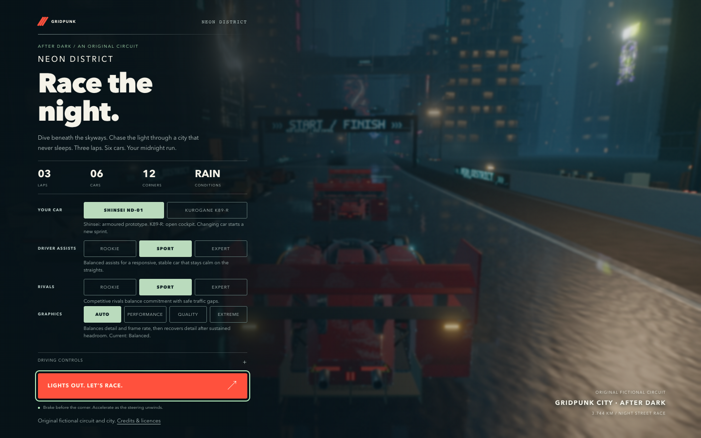 GridPunk's garage showing the two cars, driver assists, rival difficulty, and graphics settings