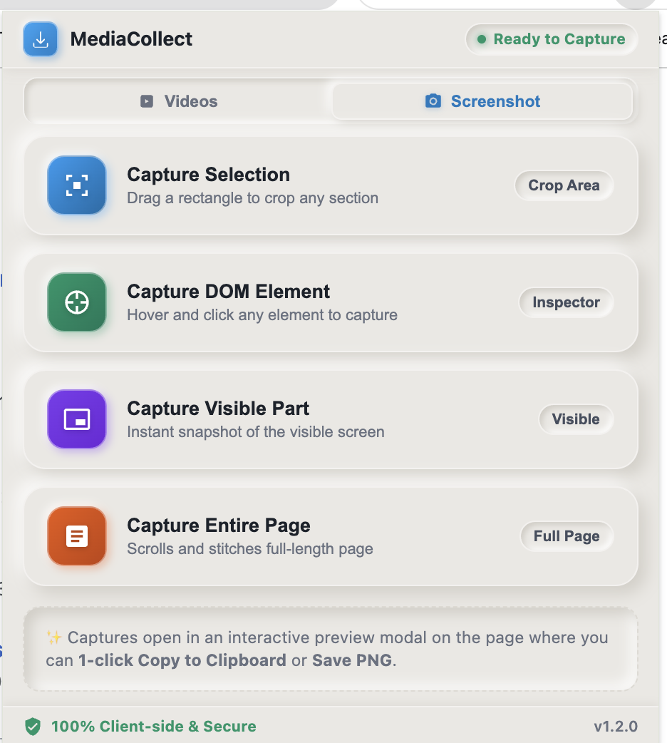 MediaCollect screenshot mode with selection, DOM element, visible viewport, and full-page capture choices