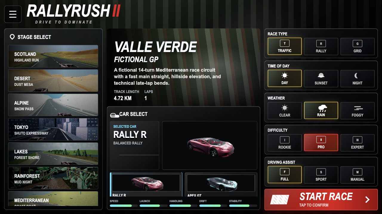 Rally Rush II stage and garage menu