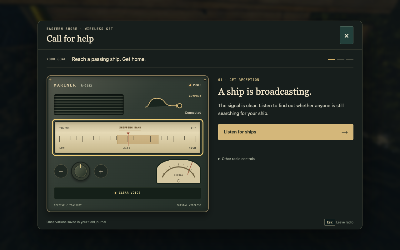 Sunlandia's radio interface with a shipping-band tuning dial, signal meter, and a prompt to listen for ships